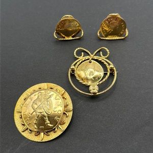 Vintage amazing set freirich british coin 2 brooches and earrings